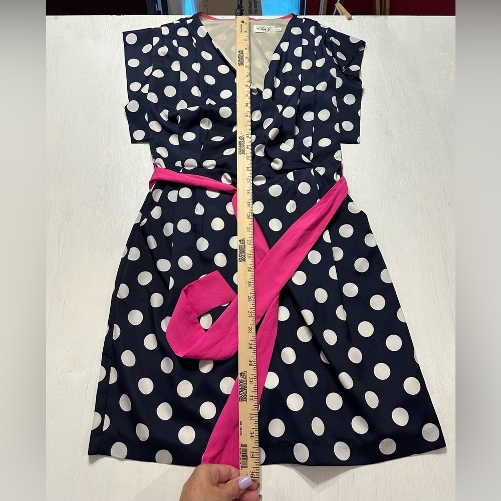 Eliza J Polka Dot Dress Size 8 Navy White Pink Belt Retro Wrap Style - Picture 9 of 9